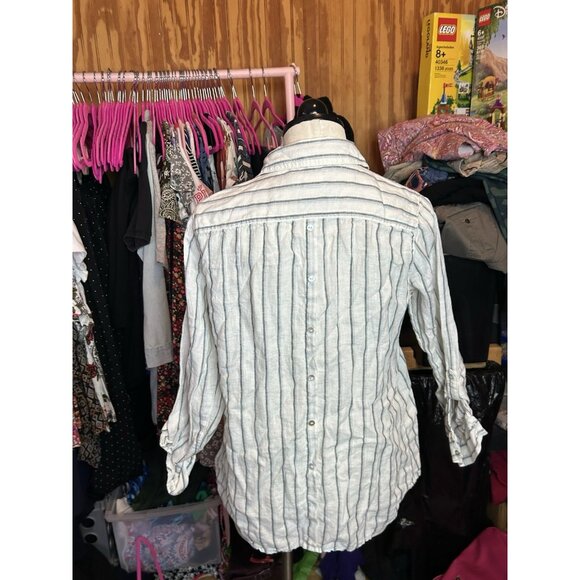 Sigrid Olsen LINEN Button Down Blouse Collared Blue & White Striped Sz L - Picture 6 of 9